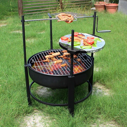 Fire Pit with 2 Grill, Round Metal Wood Burning Firepit with Surrounding Removable Cooking Grill, Unique Design for Camping, Outdoor Heating, Bonfire, and Picnic