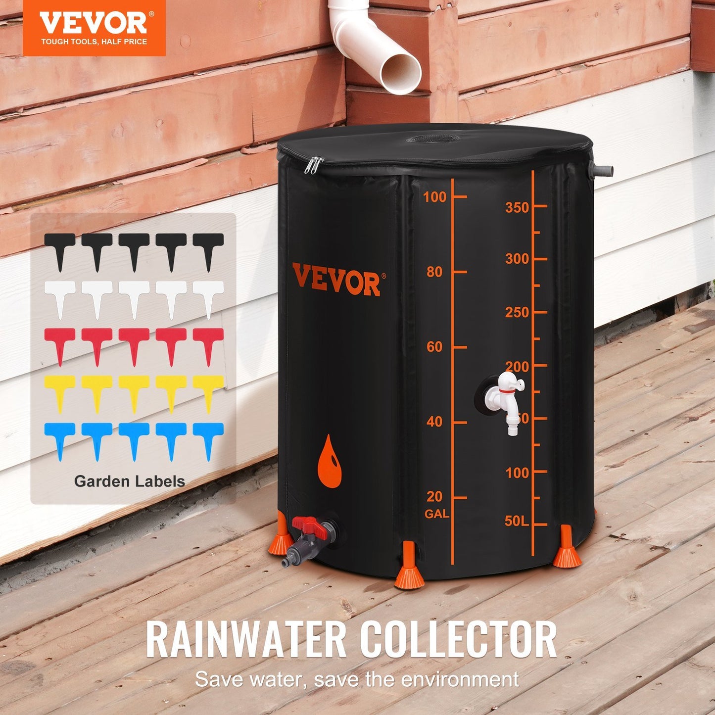 VEVOR Collapsible Rain Barrel, 100 Gallon Large Capacity, PVC Rainwater Collection System Including Spigots and Overflow Kit, Portable Water Tank Storage Container for Garden Water Catcher, Black