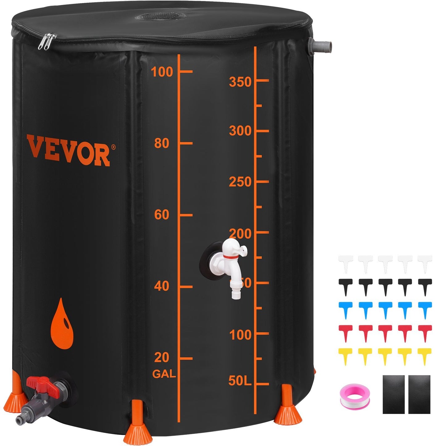 VEVOR Collapsible Rain Barrel, 100 Gallon Large Capacity, PVC Rainwater Collection System Including Spigots and Overflow Kit, Portable Water Tank Storage Container for Garden Water Catcher, Black