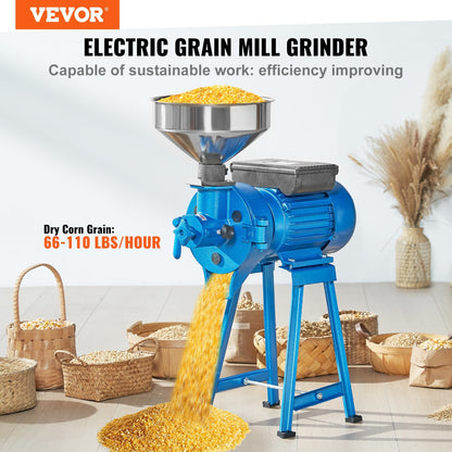 VEVOR Electric Grain Mill Grinder, 1500W 110V Spice Grinders, Commercial Corn Mill with Funnel, Thickness Adjustable Powder Machine, Heavy Duty Feed Flour Cereal Mill Wheat Grinders, Dry & Wet Grinder