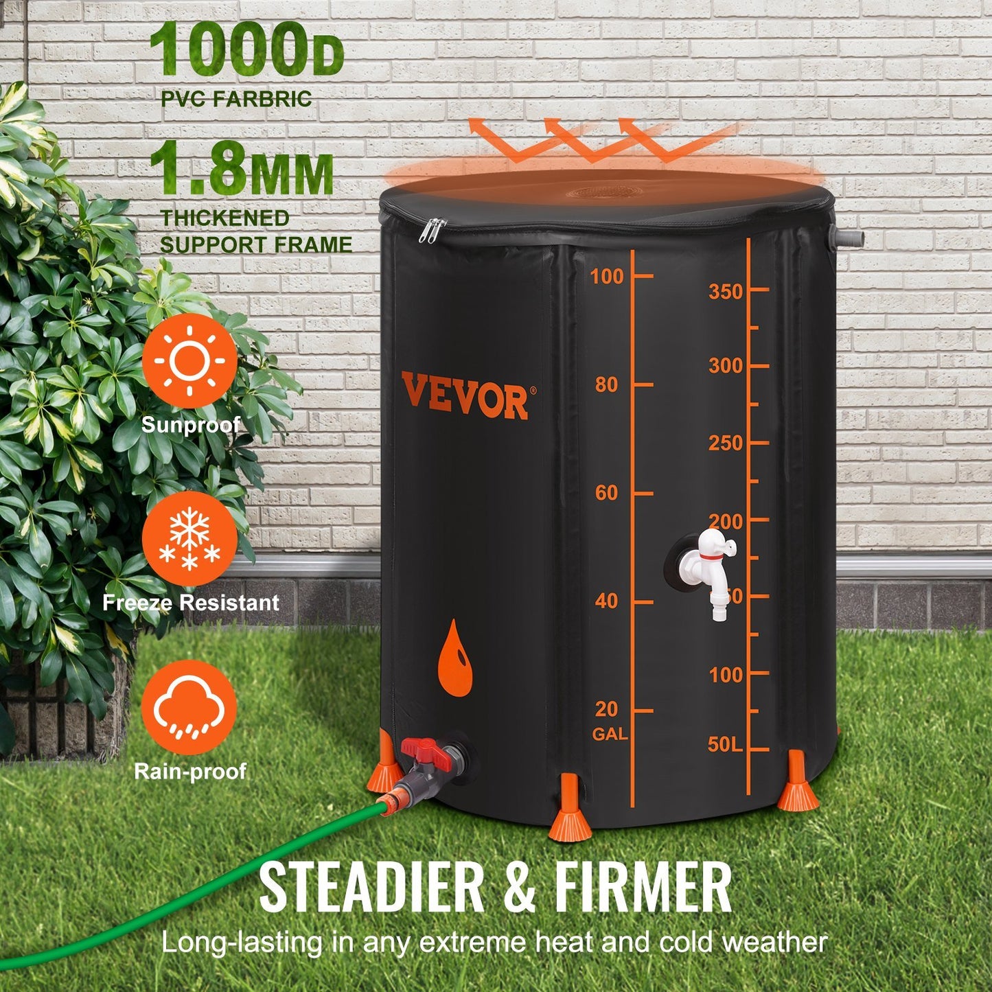 VEVOR Collapsible Rain Barrel, 100 Gallon Large Capacity, PVC Rainwater Collection System Including Spigots and Overflow Kit, Portable Water Tank Storage Container for Garden Water Catcher, Black