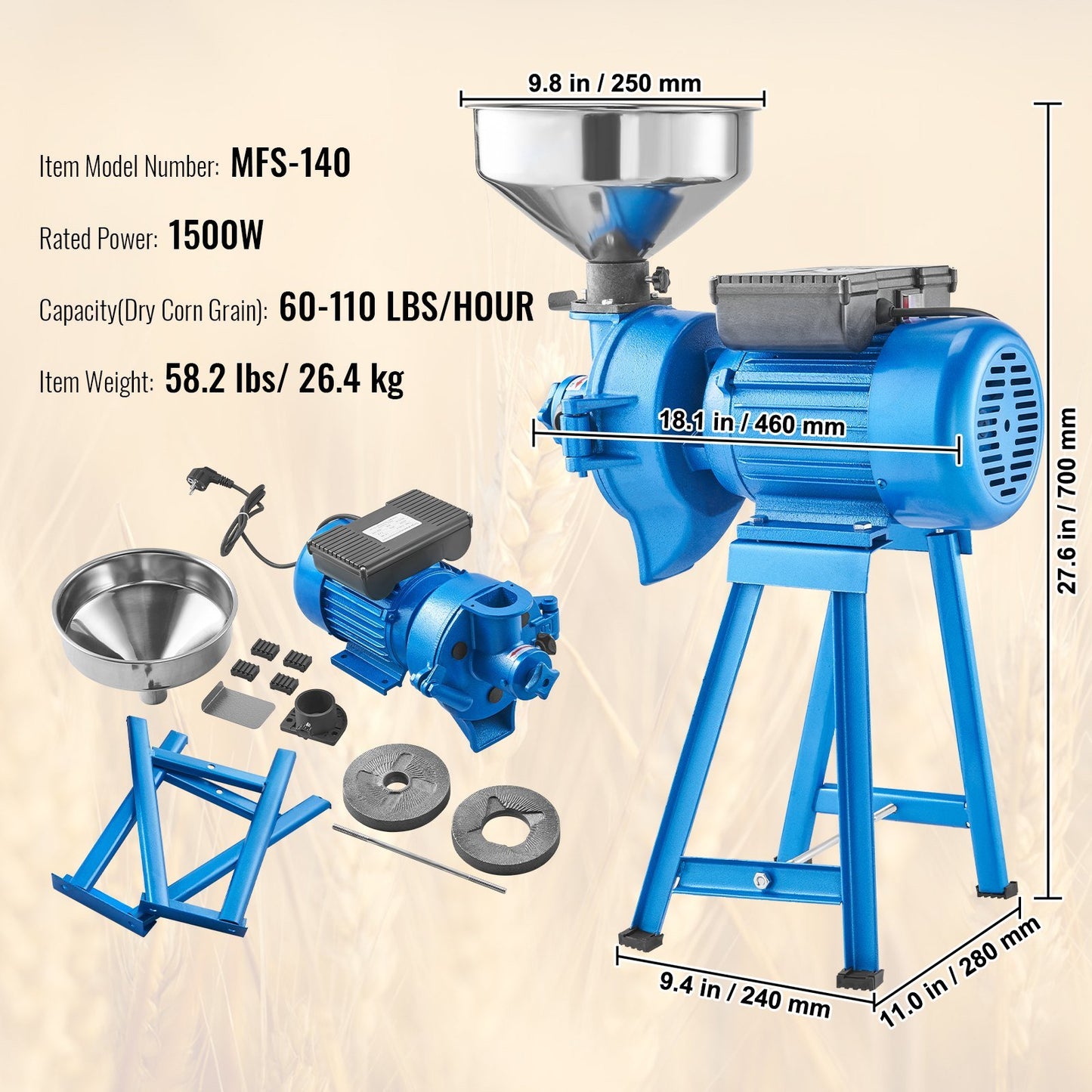 VEVOR Electric Grain Mill Grinder, 1500W 110V Spice Grinders, Commercial Corn Mill with Funnel, Thickness Adjustable Powder Machine, Heavy Duty Feed Flour Cereal Mill Wheat Grinders, Dry & Wet Grinder